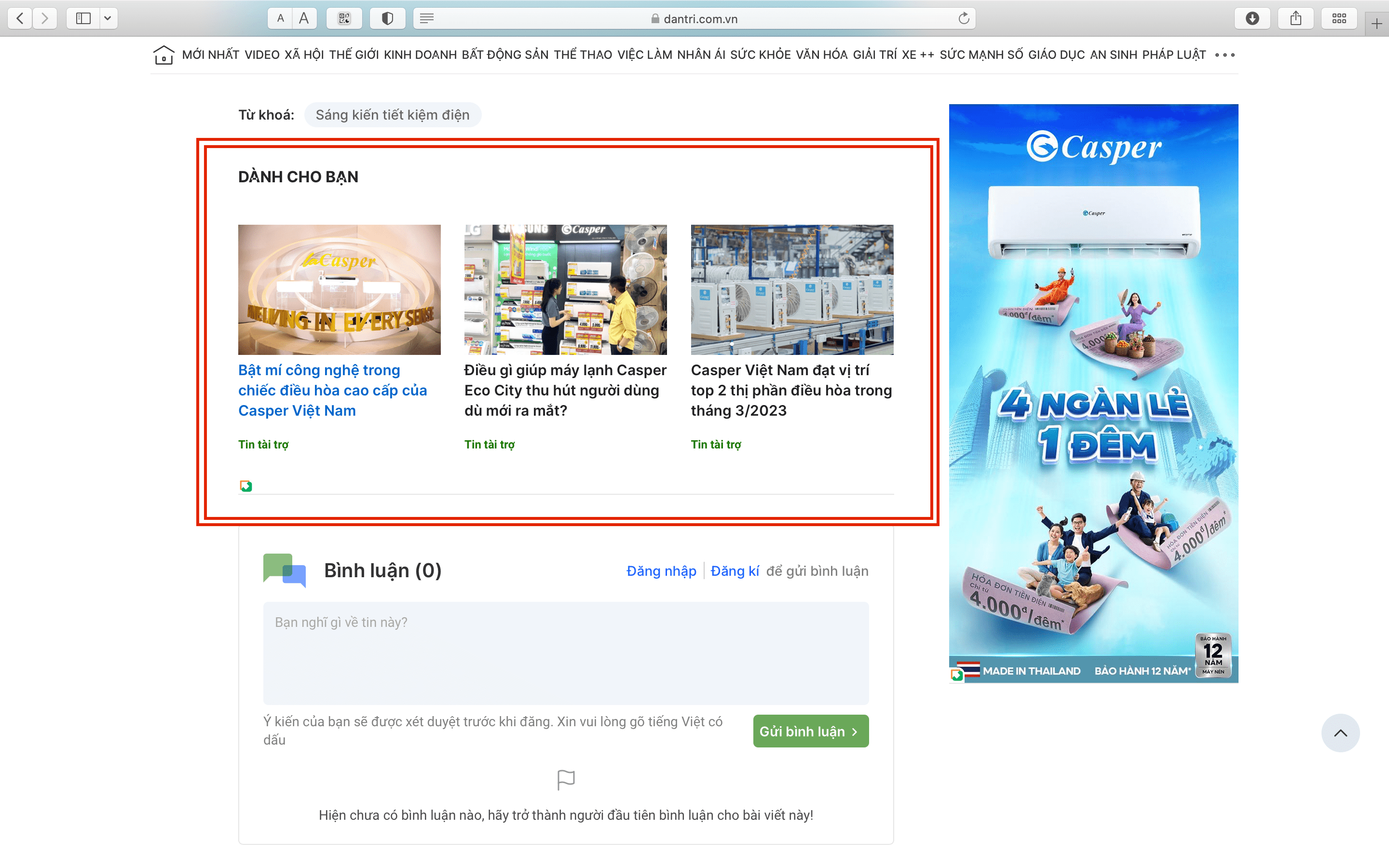 Banner Casper Native Ads vị trí Dành cho bạn