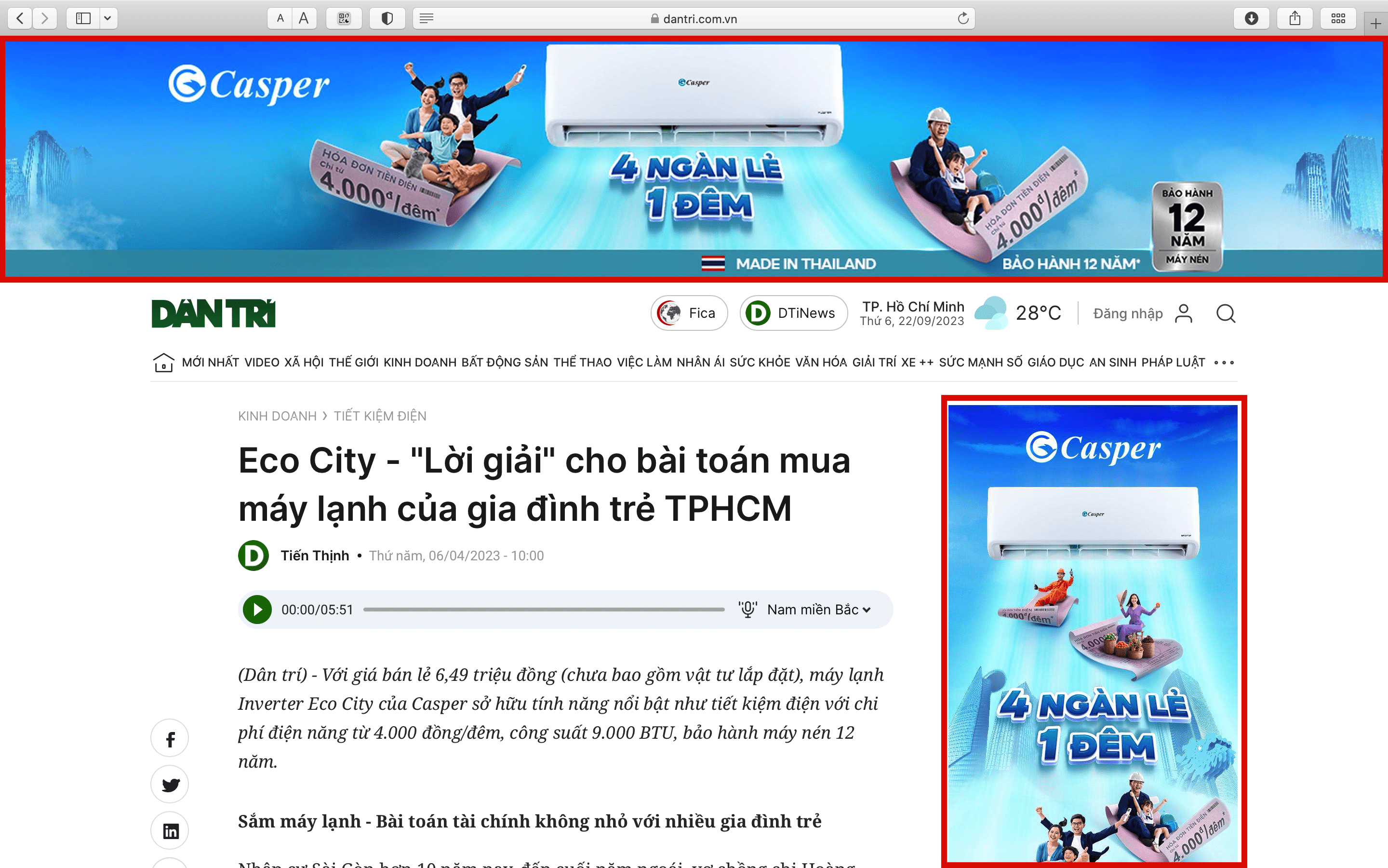 Banner Casper treo trên Báo điện tử Dân trí vị trí Top Page và Right 1 hiển thị đồng thời