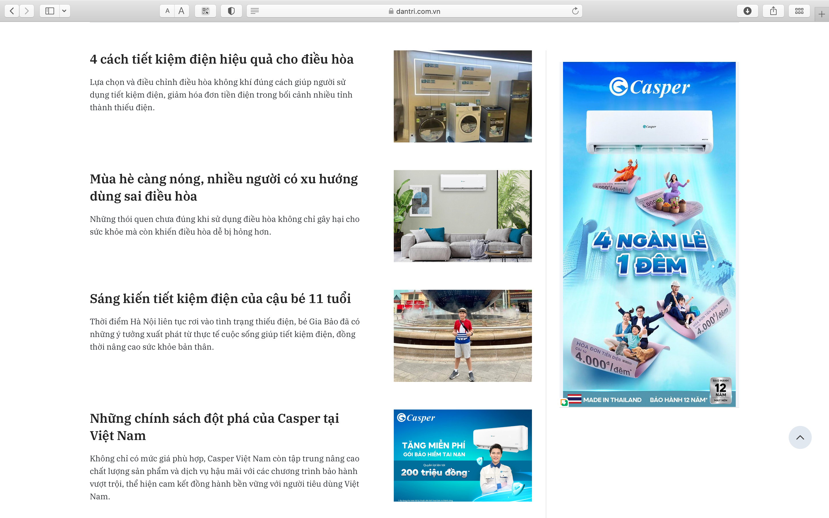 Banner Casper trên báo Dân Trí trong chuyên mục vị trí Right