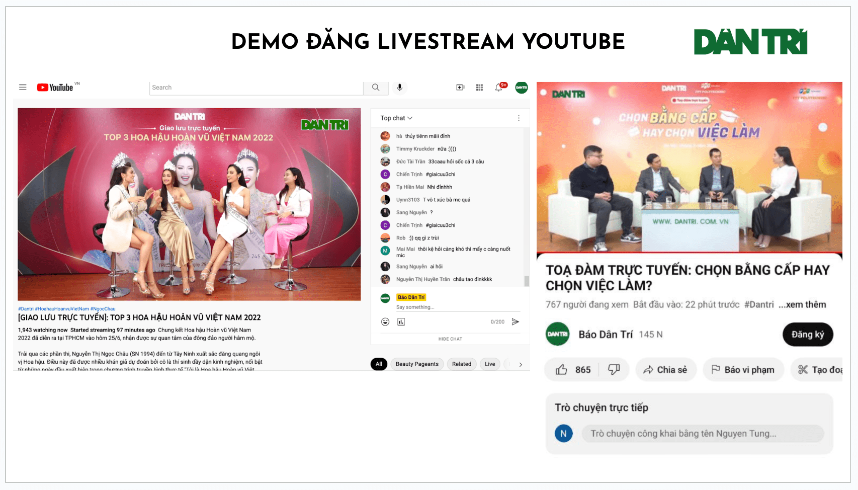 DEMO ĐĂNG LIVESTREAM YOUTUBE DÂN TRÍ