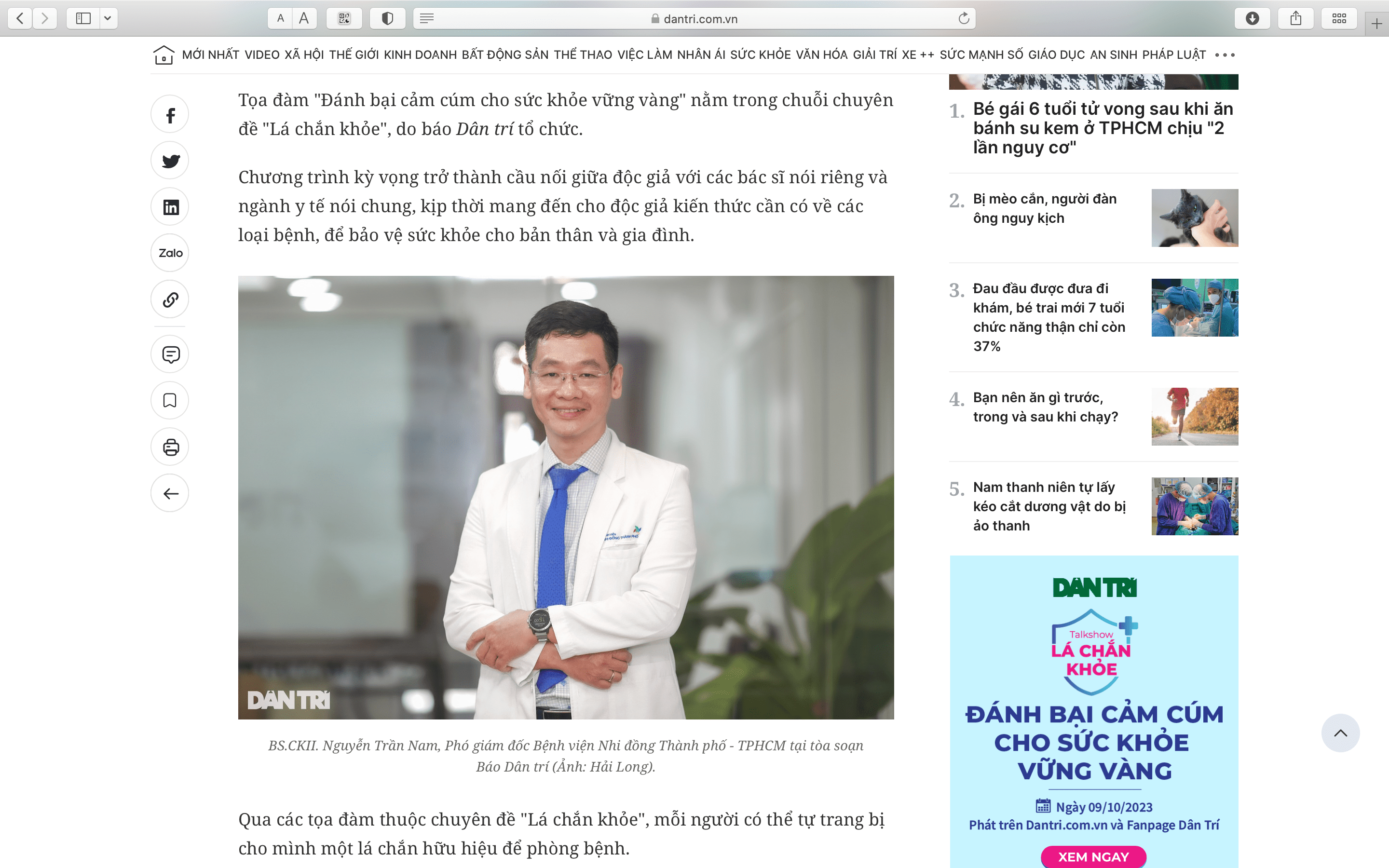 BS.CKII. Nguyễn Trần Nam, Phó giám đốc Bệnh viện Nhi đồng TPHCM là khách mời của tọa đàm Lá chắn khỏe